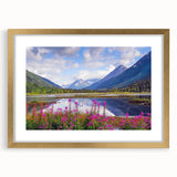 Extra large abstract art print of Alaska scenery in muted earth tones on a textured canvas, framed in gold.