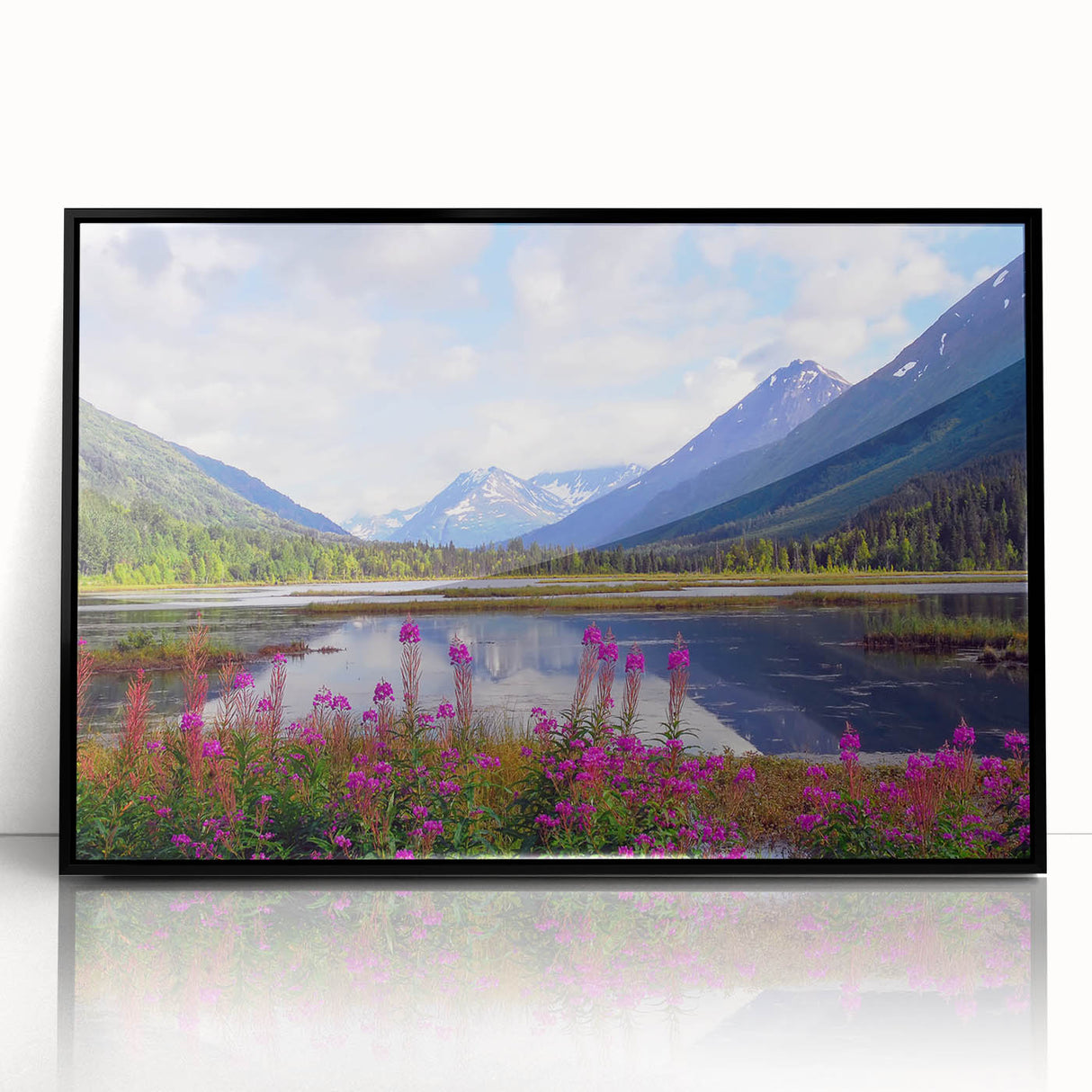 Large abstract wall art depicting an Alaskan scenery in muted earth tones on a framed acrylic.