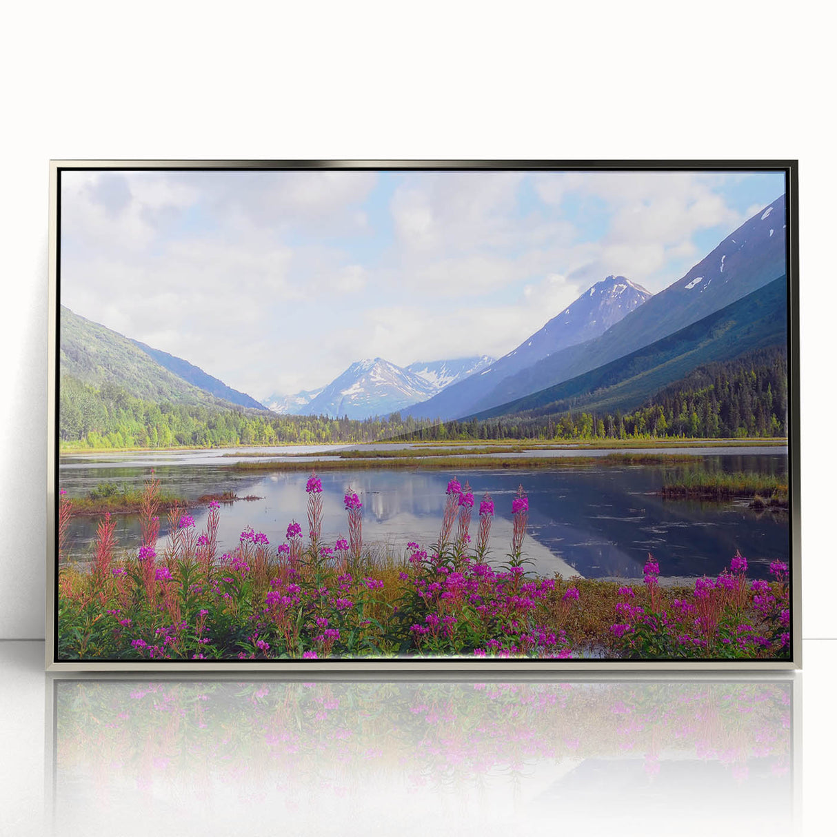 Mid-century modernist art depicting an Alaskan landscape in muted earth tones on a framed acrylic print.