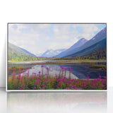 Acrylic print of a serene Alaska landscape in soft blue and white tones, framed in white.