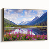 Landscape painting of an Alaskan scene on a framed canvas, featuring muted earth tones, ideal for bedroom wall decor.