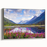 Framed canvas landscape art painting depicting a vintage Alaska scenery in muted gray and colorful tones.