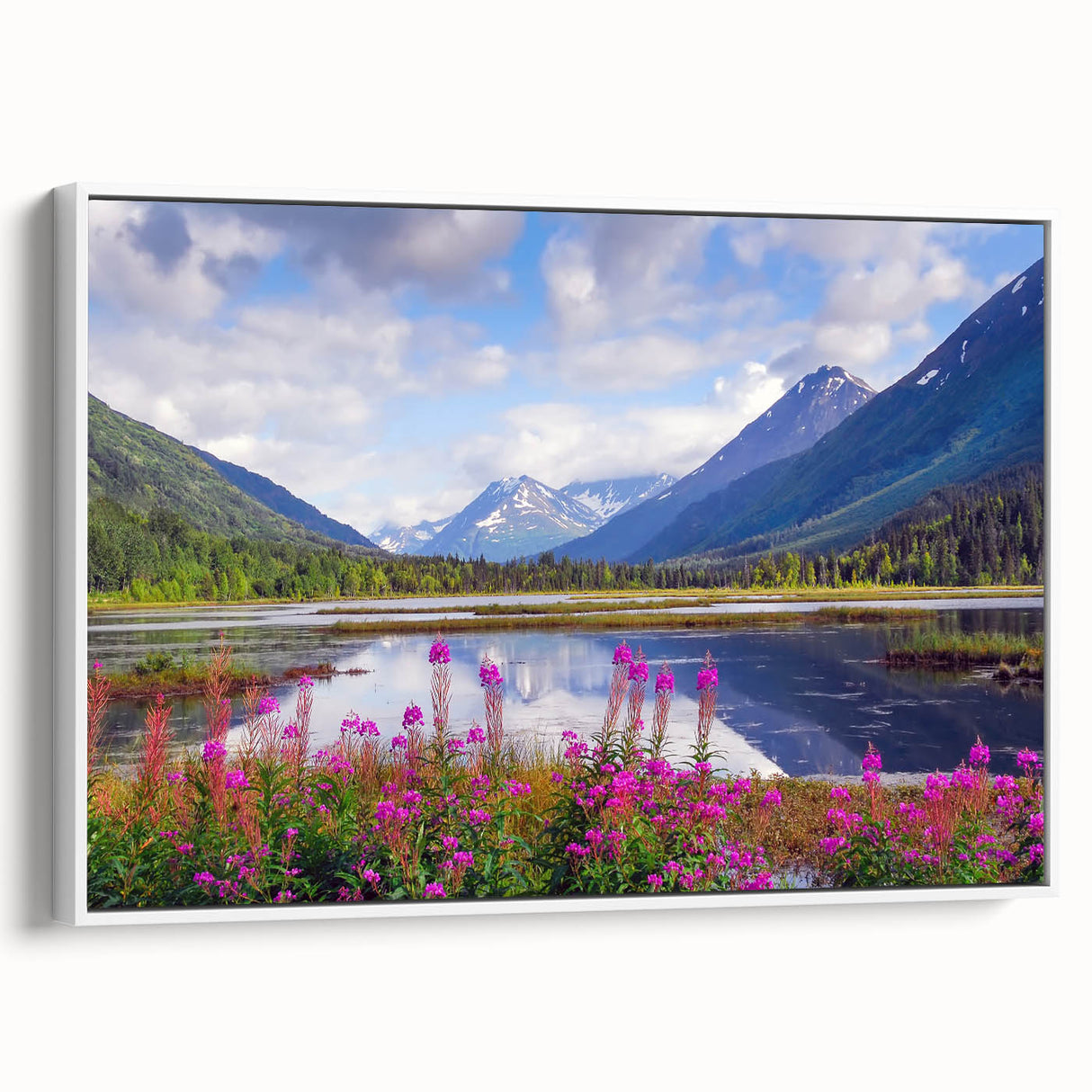 Vintage poster art of Alaskan scenery in vibrant colors on a large framed canvas, ideal for living room decor.