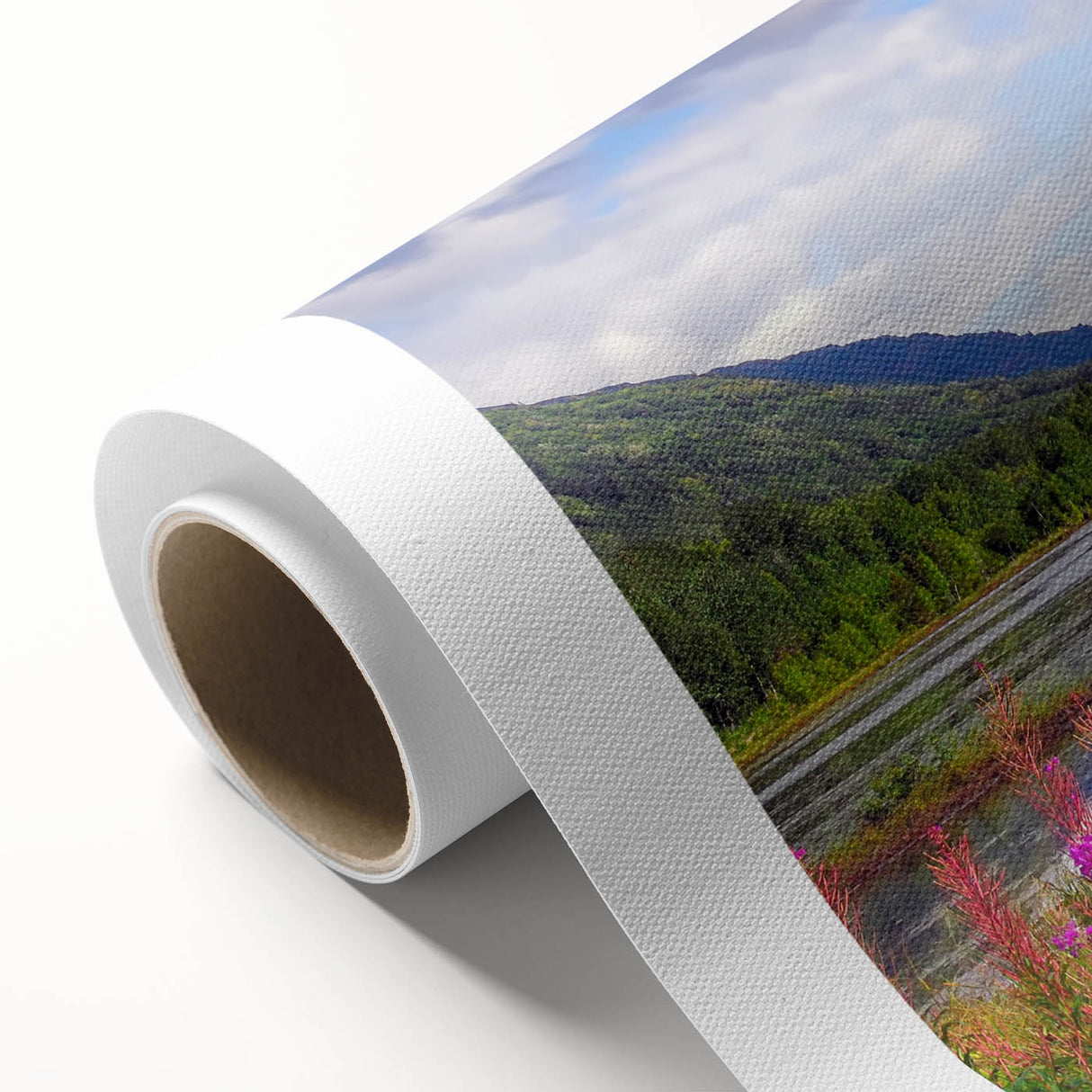 Art deco style poster of Alaska scenery on rolled canvas, featuring muted blue and gray tones, ideal for nursery wall art.