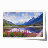 Alaskan landscape with colorful floral foreground on extra large rolled canvas, ideal for dining room wall art.