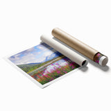 Alaskan landscape floral art on rolled canvas, featuring soft pastel shades.