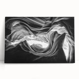 Black and white photograph of Antelope Canyon on stretched canvas, suitable as large kitchen or bedroom wall art.