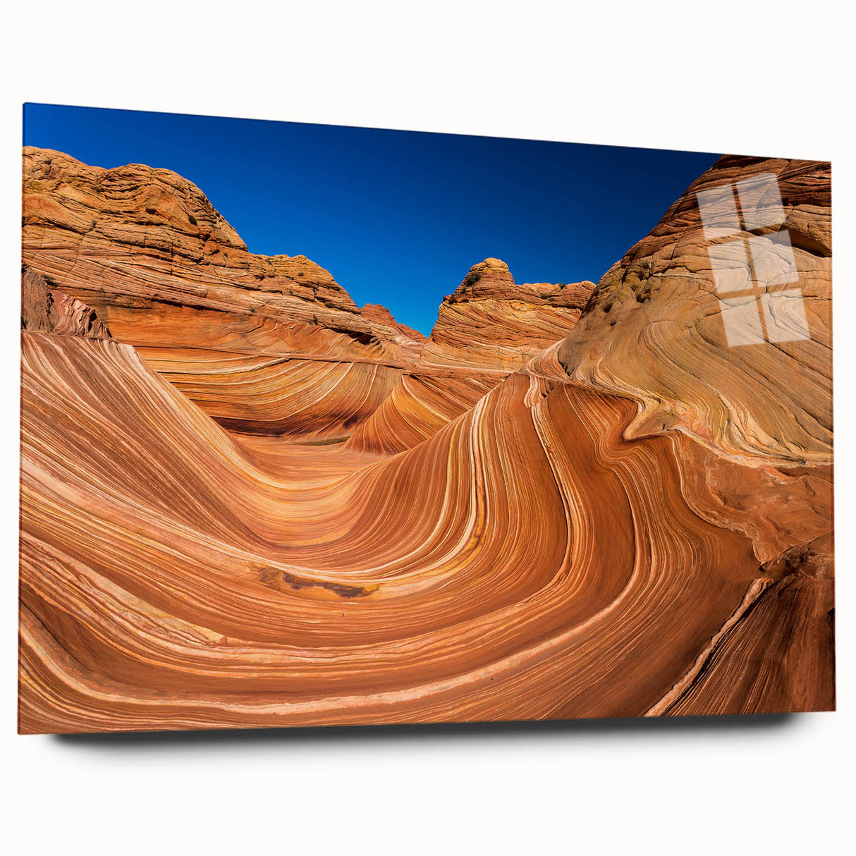 Large abstract wall art depicting Arizona's Coyote Buttes in muted earth tones on acrylic glass.