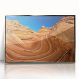 Mid-century modernist art of Arizona's Coyote Buttes in acrylic frame, ideal for nursery wall art.