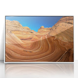 Acrylic print of Arizona's Coyote Buttes in white frame, showcasing earthy tones, ideal for modern art wall decor.