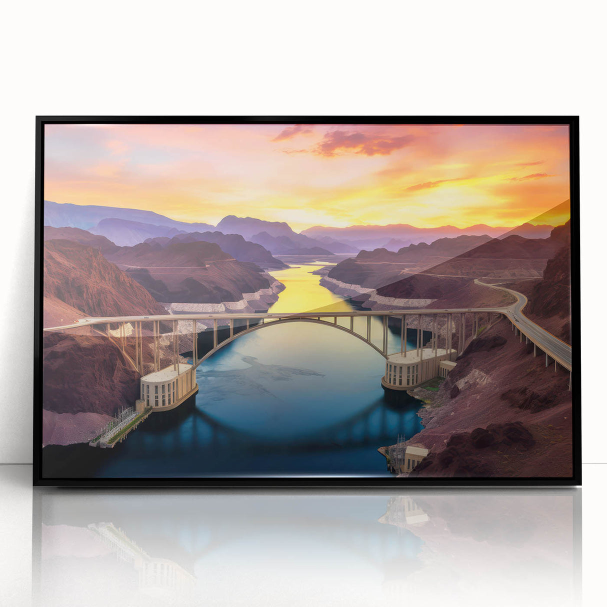 Large abstract wall art depicting Arizona's Glen Canyon in a mid-century modernist style, framed in black acrylic.