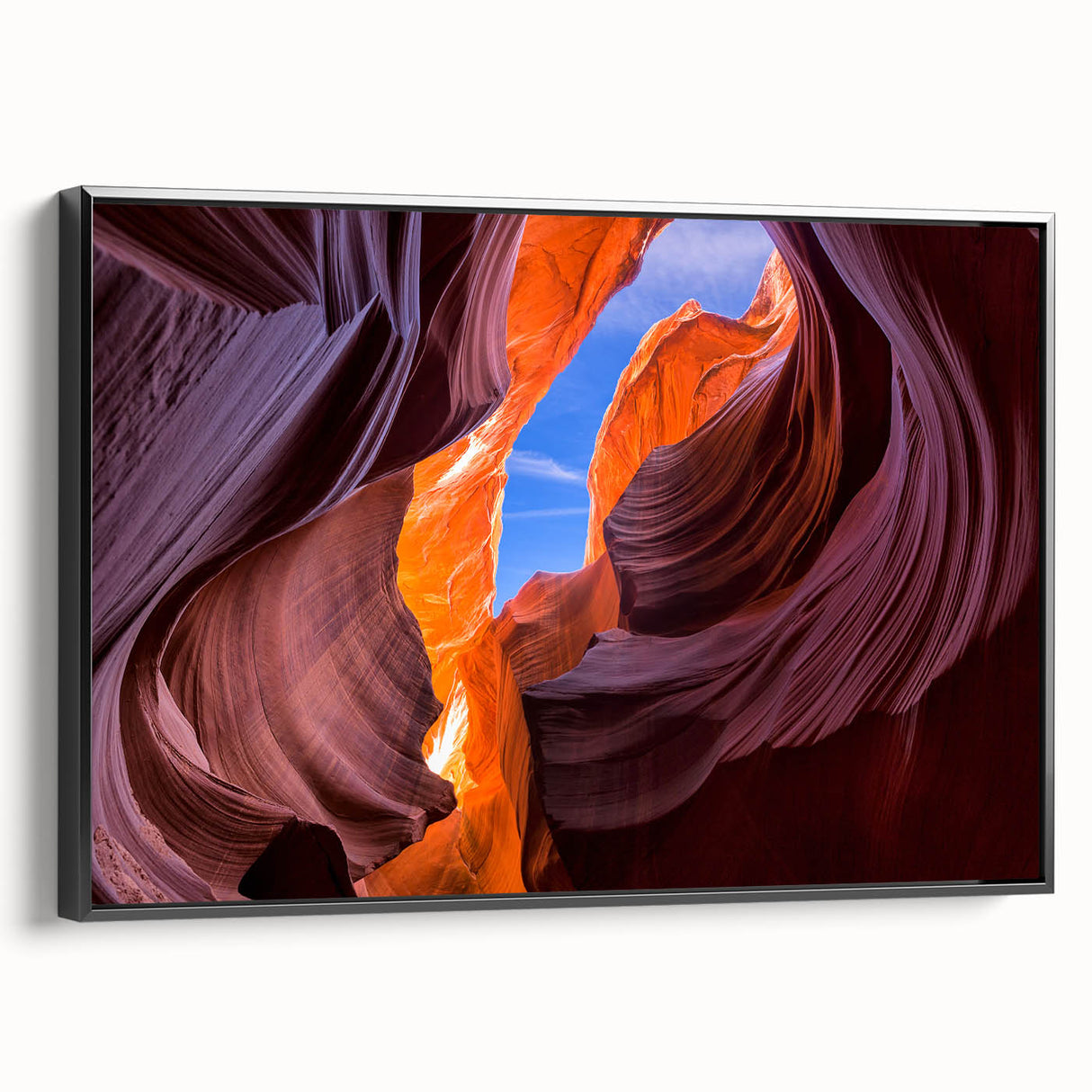 Black and white framed canvas of the Grand Canyon in a vintage poster style, ideal for bedroom wall art.