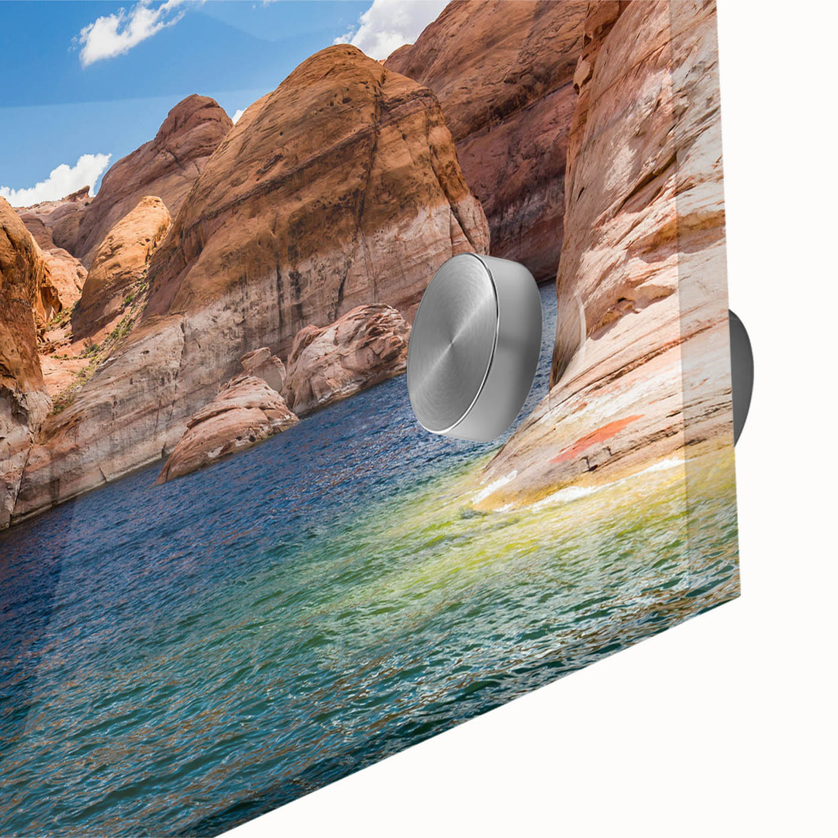 Large abstract wall art of Lake Powell in muted earth tones on acrylic glass, ideal for dining room ambiance.