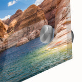 Large abstract wall art of Lake Powell in muted earth tones on acrylic glass, ideal for dining room ambiance.