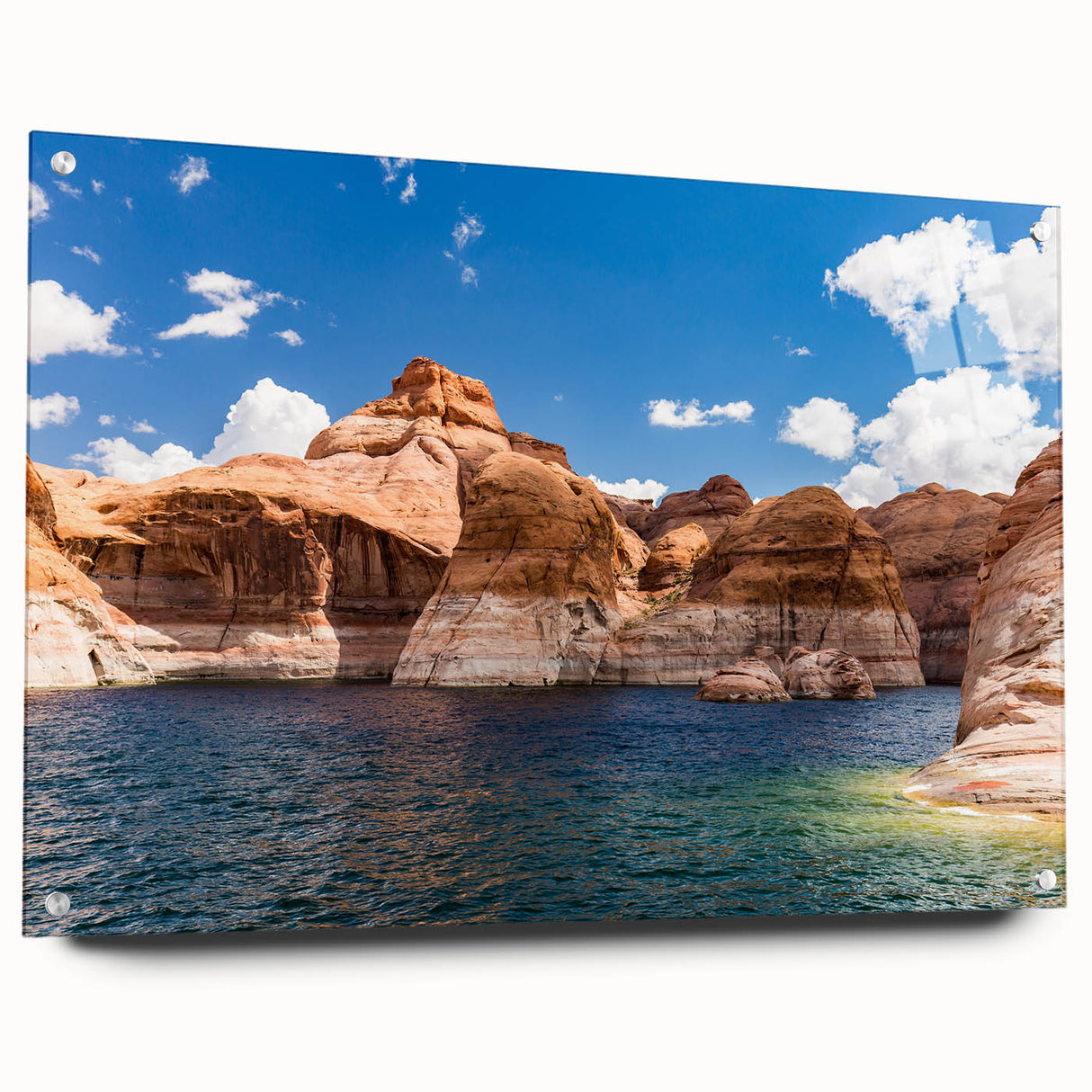 Abstract Lake Powell scene in muted earth tones on large acrylic glass, suitable for bedroom or dining room decor.
