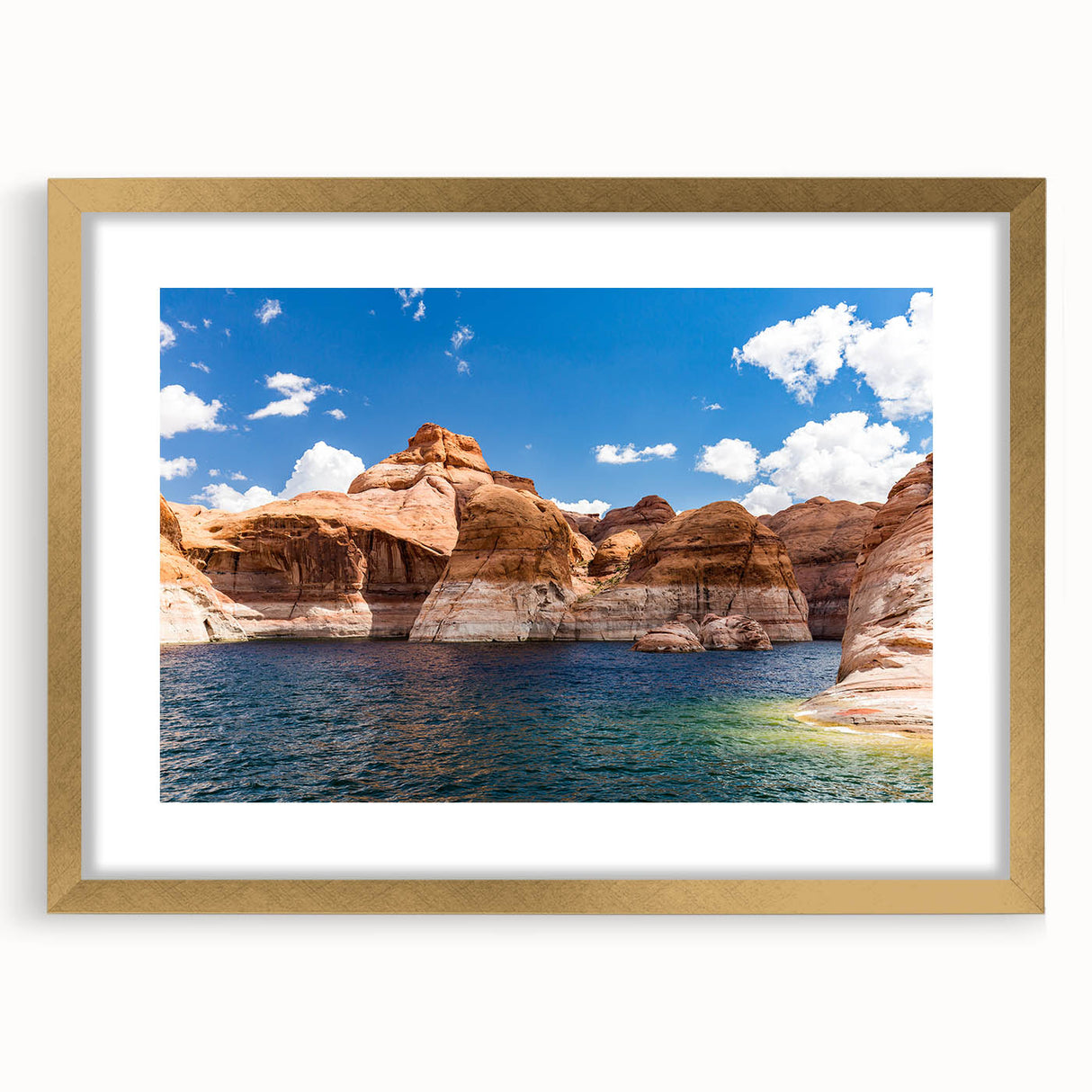 Extra large abstract art print of Lake Powell, Arizona in textured blues and grays, framed in gold.