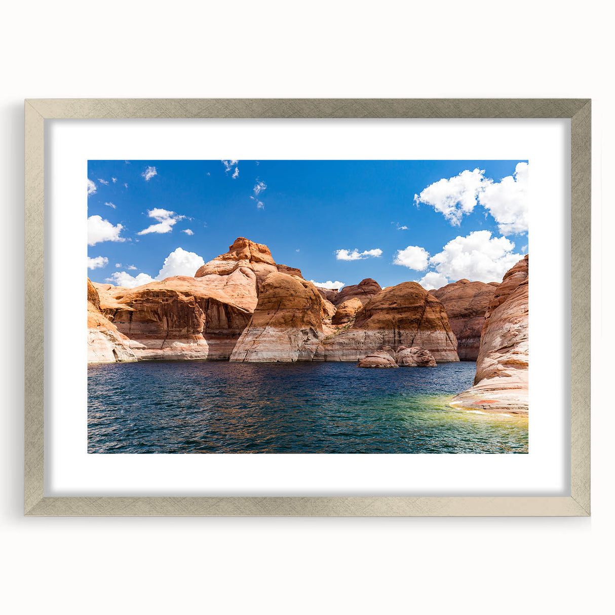 Textured art print of Lake Powell in muted earth tones on a framed silver mat, ideal for bedroom art.