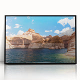 Large abstract wall art of Lake Powell in muted blue and gray tones, framed in black acrylic.