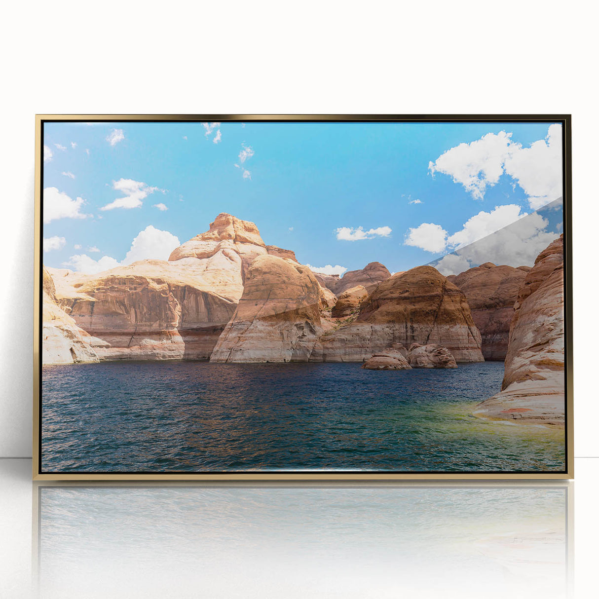 Framed acrylic print of Lake Powell with golden hues, ideal for modern art wall decor.