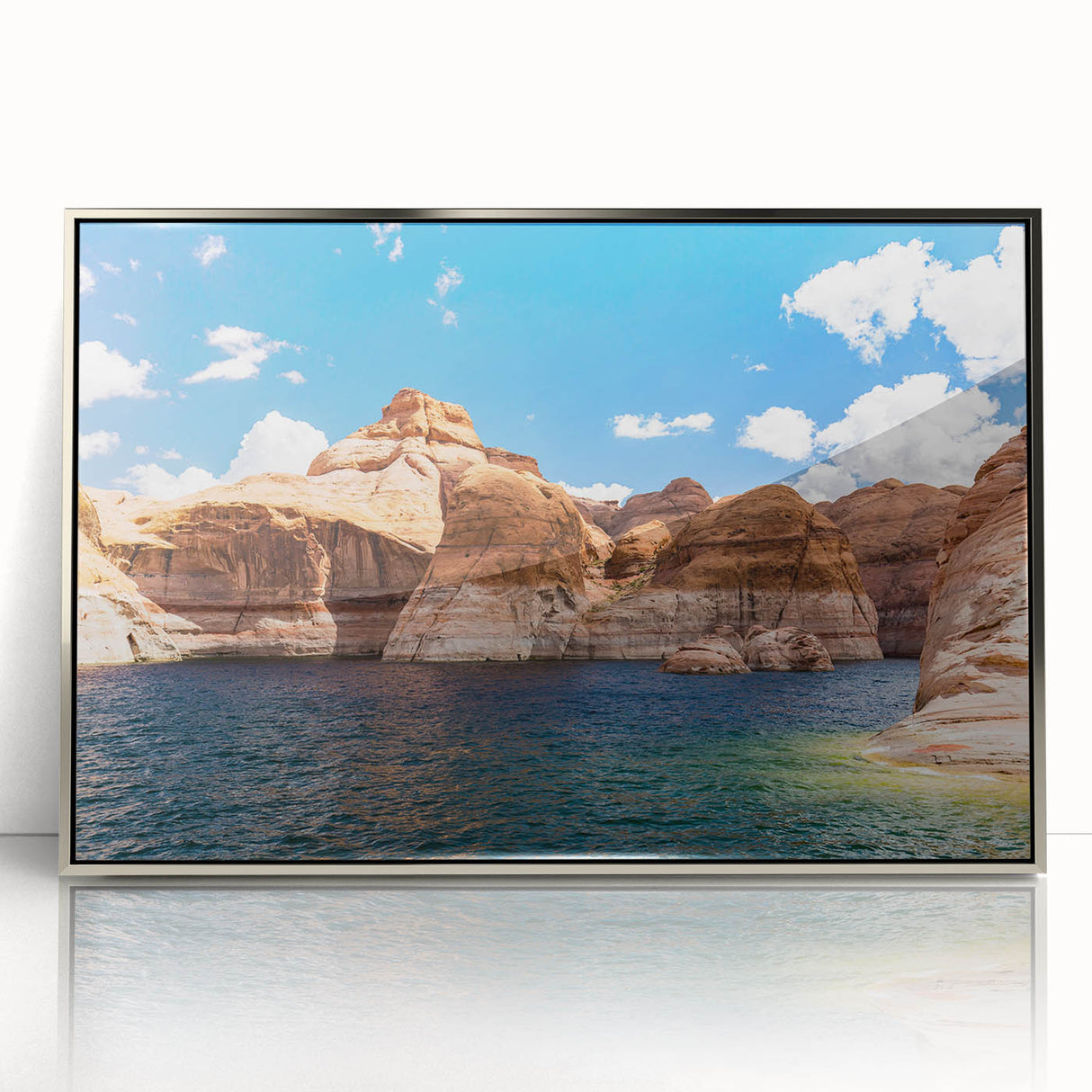 Mid-century modernist art depicting Lake Powell in muted earth tones on a silver-framed acrylic print.
