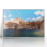 Art Deco style poster of Lake Powell, Arizona, in muted blue and white tones on a framed acrylic.