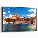 Black and white framed canvas of Lake Powell, Arizona, in a vintage poster style, ideal for bedroom decor.