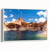 Framed canvas featuring a vintage poster art of Lake Powell with a vivid, colorful palette.