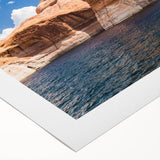 Art deco poster of Lake Powell with serene blue and beige tones on rolled canvas, suitable for dining room decor.