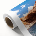 Art Deco poster of Lake Powell with muted blue and tan colors on rolled canvas, ideal for nursery wall art.