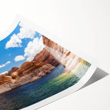 Extra large wall art featuring a serene Lake Powell landscape in muted earth tones, printed on rolled canvas.