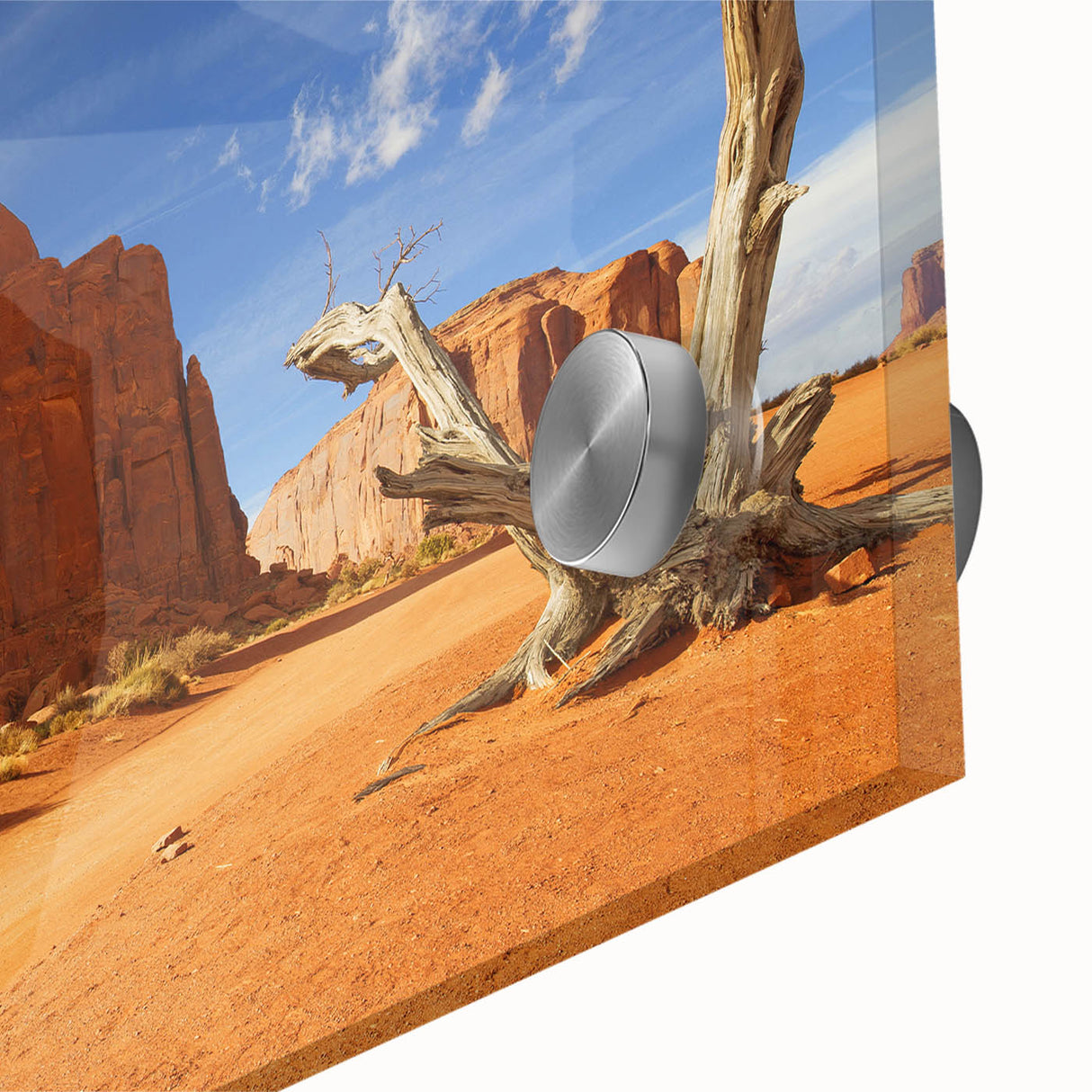 Mid-century modernist style large art print of Monument Valley in muted earth tones on acrylic glass.