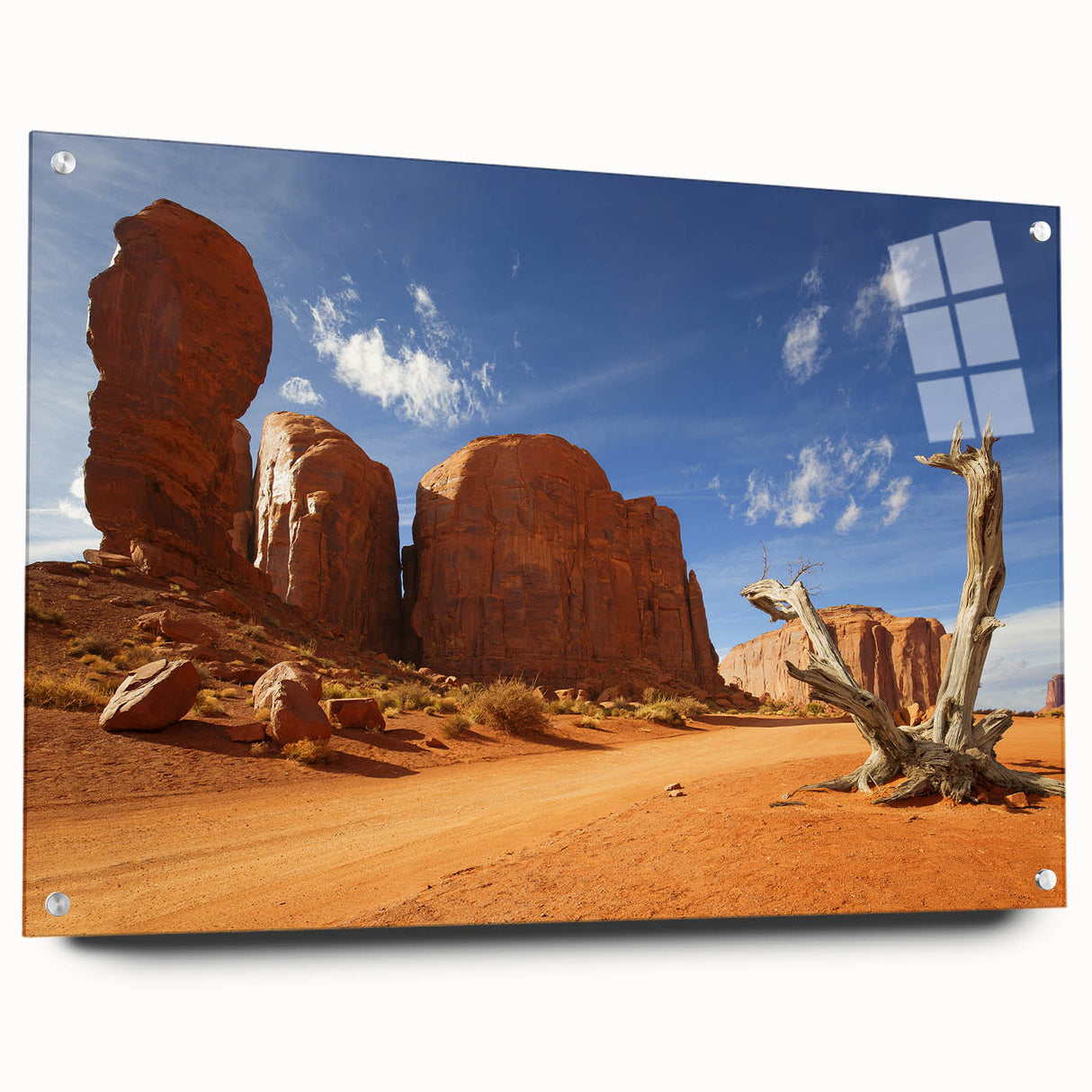 Acrylic print of Monument Valley with rich red and orange tones, ideal for bedroom or dining room decor.