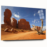Large abstract depiction of Monument Valley in vibrant orange and red tones on acrylic glass.