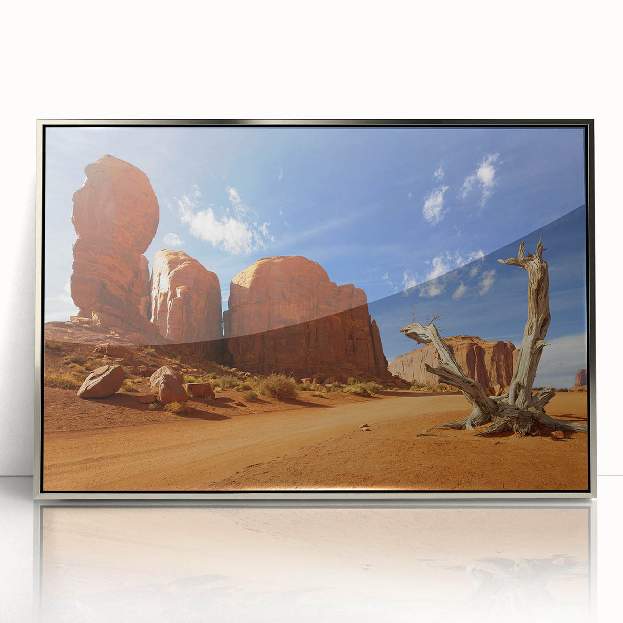 Mid-century modernist art depicting Monument Valley in muted earth tones on a framed acrylic panel.