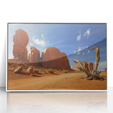 Monument Valley landscape on framed acrylic, featuring earthy red and orange tones, ideal for modern art wall decor.