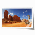 Monument Valley landscape on rolled canvas, featuring earthy red and orange tones, suitable for art wall dining room.