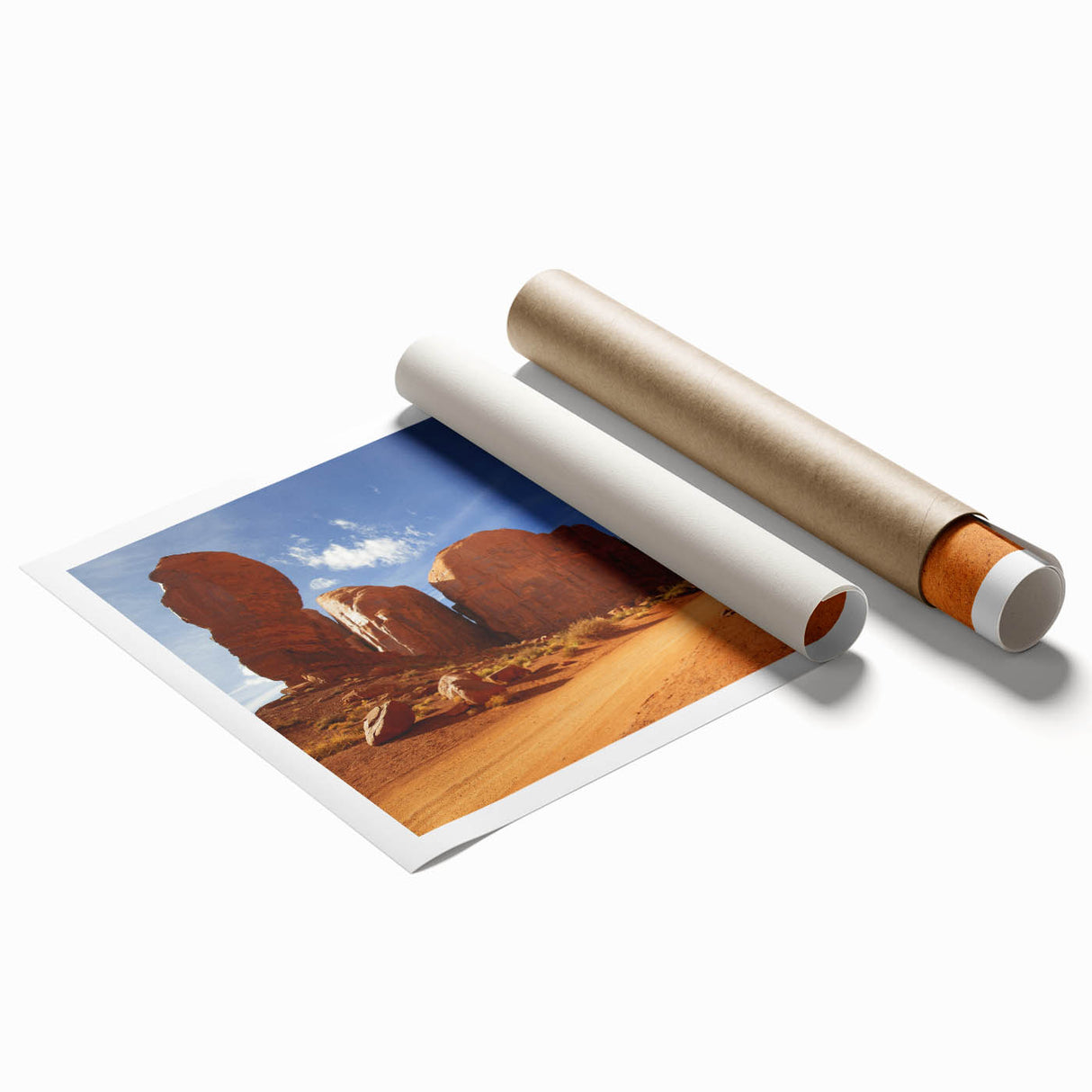 Monument Valley landscape on a rolled print, featuring earthy red and orange tones, ideal for classy bathroom wall art.