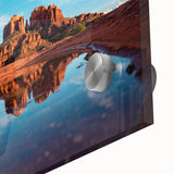 Large abstract wall art of Sedona's landscape in muted earth tones on acrylic glass, ideal for dining room ambiance.