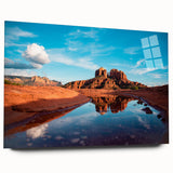 Large abstract depiction of Sedona, Arizona in vibrant red and orange tones on acrylic glass.