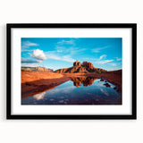 Abstract art print of Sedona scenery in vibrant colors on a textured, extra large canvas, framed in black.
