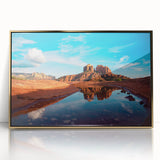 Framed acrylic print of Sedona's red rock landscape in muted earth tones, ideal for modern art wall decor.