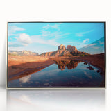 Mid-century modernist art depicting the Sedona landscape in vibrant red and orange tones on a framed acrylic print.