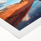 Art deco poster of Sedona landscape in muted earth tones on rolled canvas, suitable for dining room decor.