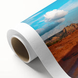 Art deco poster of Sedona landscape in muted earth tones on rolled canvas, ideal for nursery wall art.