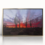 Large art print of Arizona Sonoran desert in mid-century modernist style, acrylic framed in gold.