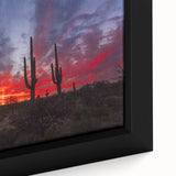 Close-up of extra large framed canvas featuring textured, colorful art of Arizona's Sonoran desert on a black background.