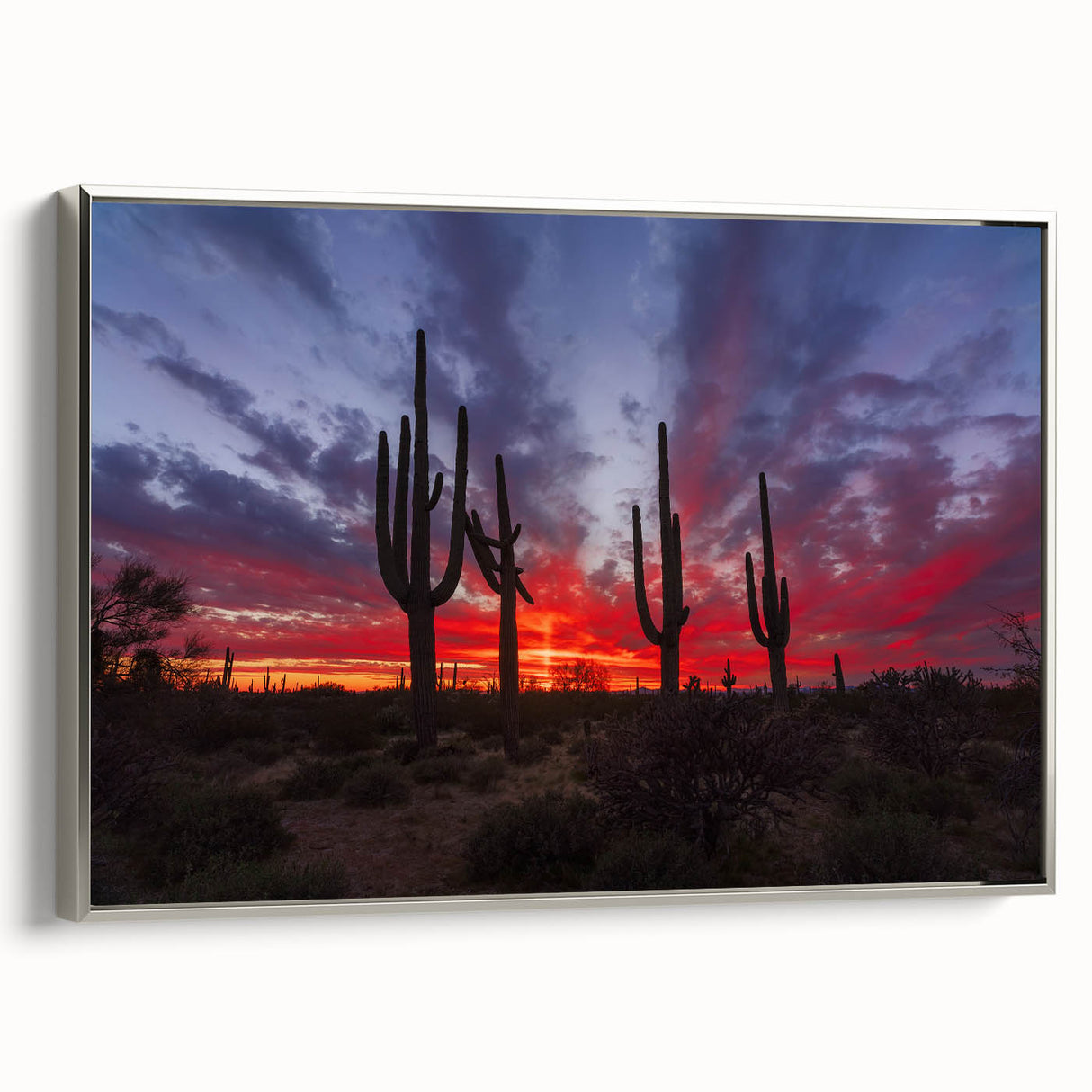 Landscape art painting of Arizona Sonoran desert on a framed canvas, featuring muted earth tones, ideal for office decor.