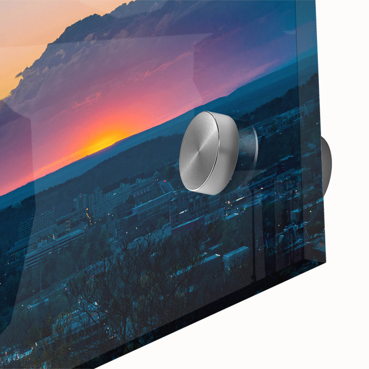 Large abstract wall art featuring a mid-century modernist Arkansas scenery in vibrant hues on acrylic glass.