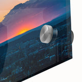 Large abstract wall art featuring a mid-century modernist Arkansas scenery in vibrant hues on acrylic glass.