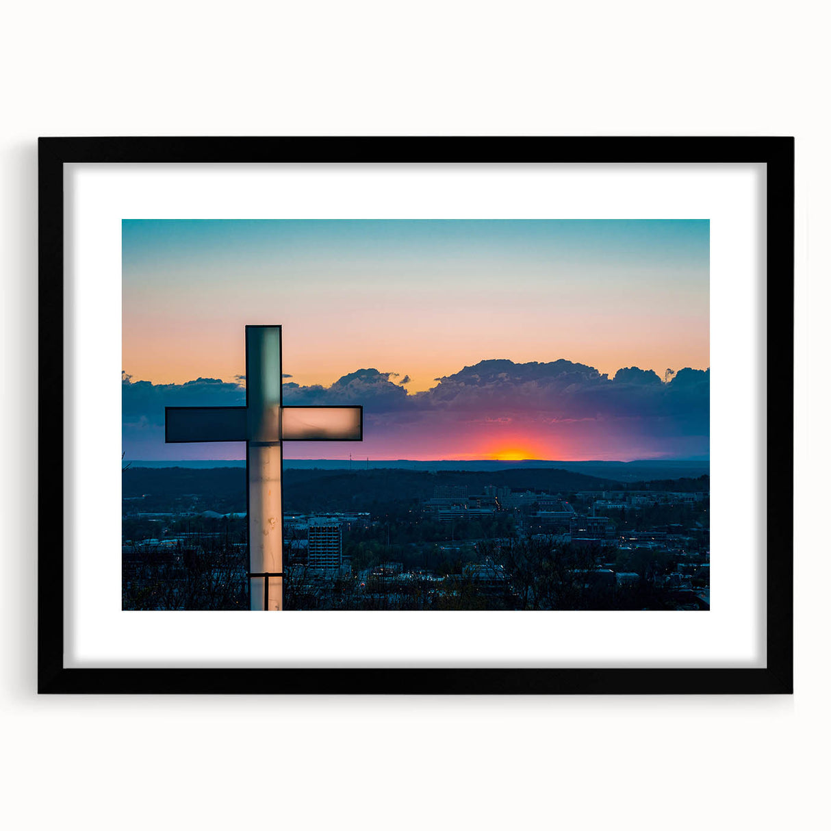 Abstract art print featuring vibrant, colorful textures of Arkansas scenery on a large black-framed canvas.